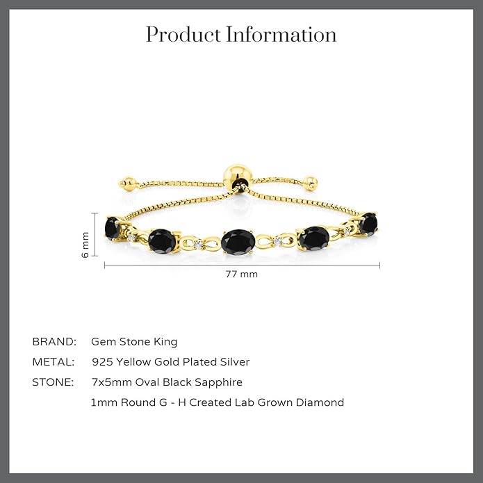 Gem Stone King 7X5MM Oval Cut Gemstone Birthstone and Accent Lab Grown Diamond Tennis Bracelet For Women In 18K Yellow Gold Plated Silver | Adjustable Bolo Bracelet For Women | Easy-On Easy-Off