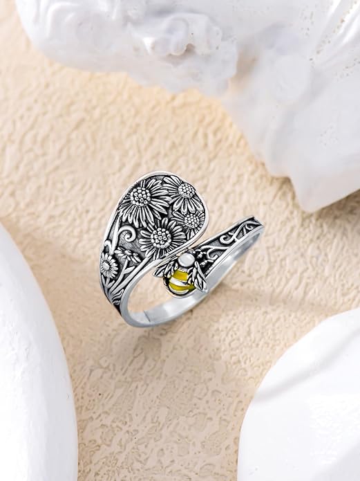 Midari Sun and Moon/Bee/Celtic/Life of Tree/Lotus Spoon Ring for Women 925 Sterling Silver Adjustable Ring Open Ring for Women Men Halloween Birthday Gift