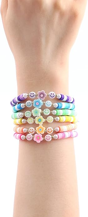 Bohemian Colorful Beaded Bracelets for Women Boho Stackable Natural Stone Letter Clay Glass Beads Stretch Bracelet Set with Charm, Cute Rainbow Friendship Bracelets for Summer Vacation