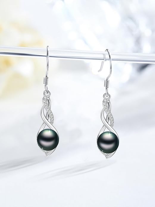 Tahitian Black Pearl Earrings Gifts for Women Wife Celtic Dangle Drop Earrings Wedding Birthday Anniversary Jewelry Valentines Christmas Day Gifts 925 Sterling Silver