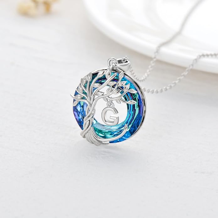 TOUPOP Gifts for Women Tree of Life Necklace 925 Sterling Silver Initial Pendant Family Tree Crystal Jewelry Valentine's Day Birthday Gifts for Her Mom Wife Girlfriend Daughter