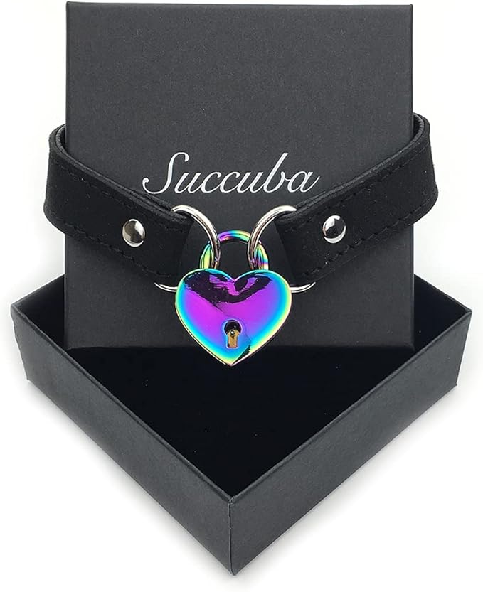Succuba Padlock Choker Collar Necklace with Lock and Key Heart Lock Choker for Women and Men (B, 16)