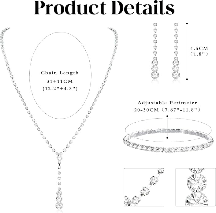 Silver Crystal Bridal Jewelry Set, Teardrop Dangle Earrings Rhinestone Necklace Bracelet for Bride Bridesmaid Crystal Bridal Wedding Party Jewelry Sets