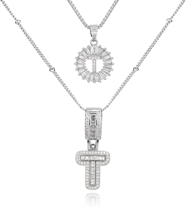 Initial Letter Necklace for Women 14k White Gold Silver Plated Dainty Necklaces Trendy Chunky Custom Layered Necklace Set Personalized Round Circle Zirconia A-Z Letter Chain Pendant Jewelry Gift