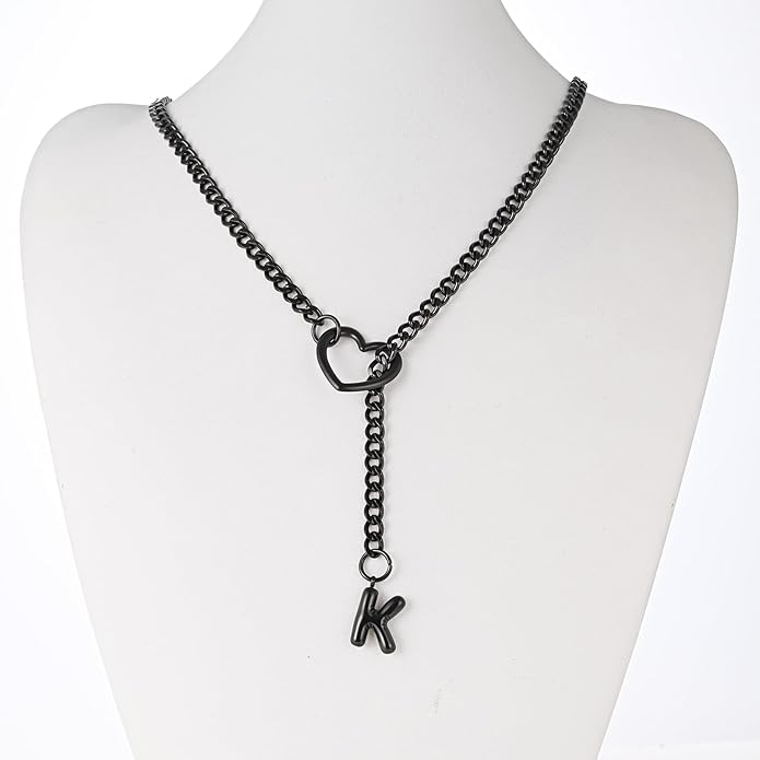 Black Heart Slip Chain Initial Necklaces for Women,Stainless Steel O-Ring Adjustable Lariat Heart Y-Necklace,Punk Gothic Cuban Collar Choker Necklace for women