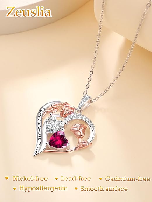 Valentine's Day Gifts for Wife 925 Sterling Silver Double Birthstone Pendant Necklaces I Love You for Always and Forever Necklace Anniversary Birthday Gifts for Wife Girlfriend Mom Her