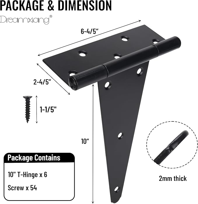 10 Inch T-Strap Gate Hinges, Heavy Duty Shed Barn Door Hinges, Yard Gate - Image 2