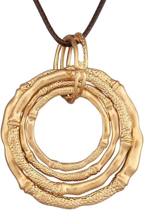 GelConnie Leather Necklace for Women Large Pendant Long Brown Necklace Circle Leather Choker Vintage Sweater Necklace Gold Chunky Boho Necklaces for Women