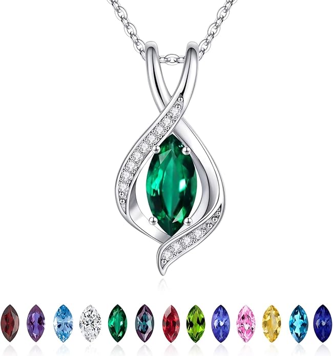 Iefil Valentines Day Gifts for Her, 925 Sterling Silver Marquise Birthstone Necklace Birthday Gifts Dainty Necklaces Birthstone Jewelry for Wife Daughter, 19"+2" Inches