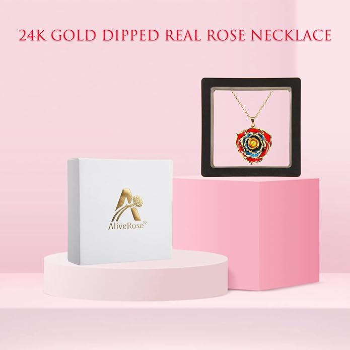 AliveRose Real Rose Gold Dipped Necklace Gifts for Women, 24K Gold Dipped Rose Pendant Necklace Jewelry Mothers Day Anniversaries Birthday Christmas Special Occasions Gifts for Her Mom Wife