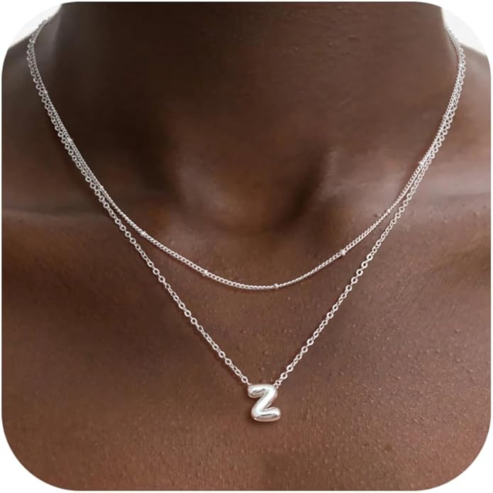 Valentines Day Gifts for Her - Bubble Letter Necklace Layered 14K Gold Plated Initial Necklaces for Women Dainty Cute Choker Pendant Stack Jewelry Fashion Accessories Teen Gift Trendy Stuff