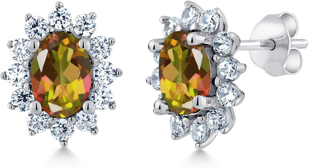 Gem Stone King 7X5MM Oval Gemstone Birthstone Stud Earrings For Women | Princess Diana Royal Halo Style | 925 Sterling Silver | Fine Jewelry Gifts for Anniversary Wedding Her Mom Women Wife