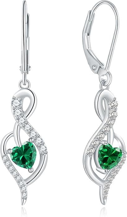Infinity Heart Dangle Drop Earrings for Women, 925 Sterling Silver Birthstone Leverback Earrings, Birthday Anniversary Valentines Day Jewelry Gifts for Women Mom Her
