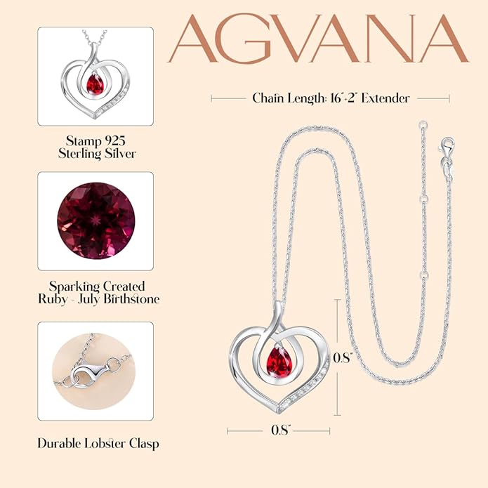 AGVANA Valentines Day Gifts Heart Birthstone Necklace for Women Sterling Silver Genuine or Created Gemstone Forever Love Pendant Necklace Fine Jewelry Anniversary Birthday Gifts for Women Mom Wife