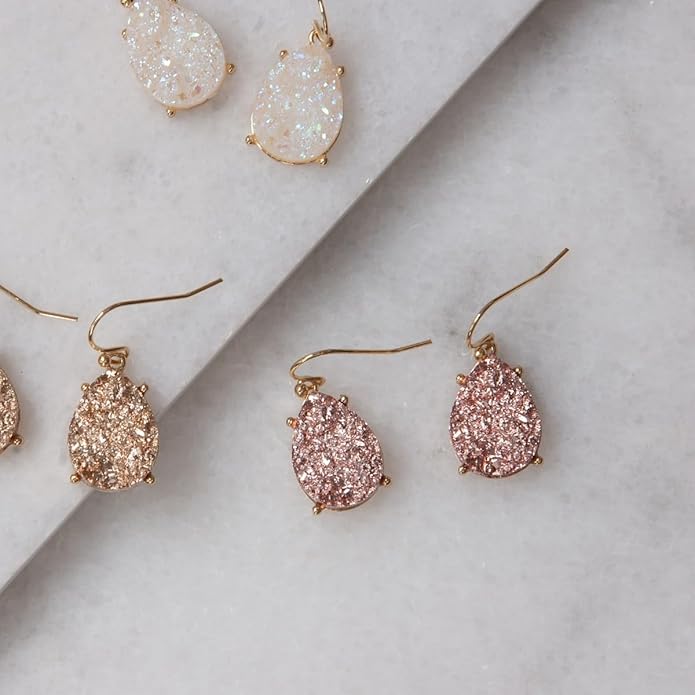 Teardrop Dangle Earrings for Women with Simulated Druzy Stones in Gold or Silver Tone