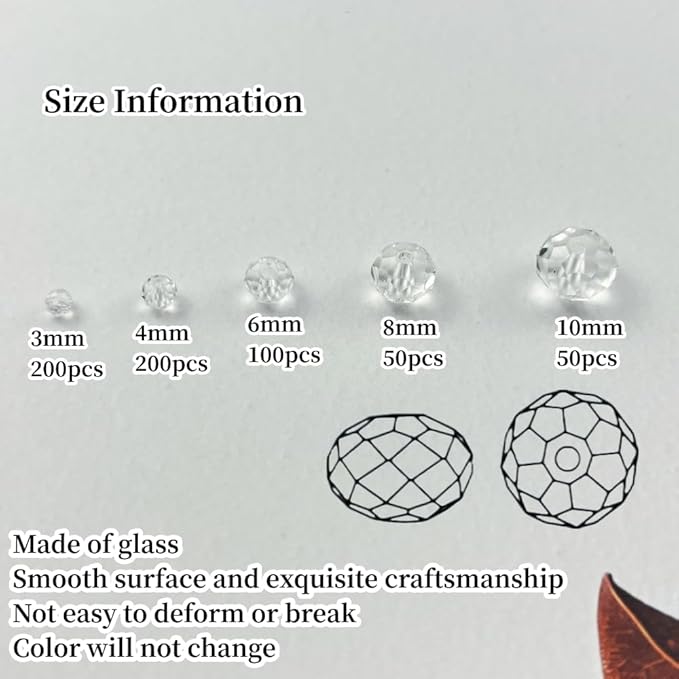 600pcs Crystal Glass Beads 3mm 4mm 6mm 8mm 10mm Rondelle Faceted Crystal Beads Spacer Beads for Necklace Bracelet Earrings DIY Jewelry Crafts Making Supplies(Clear)