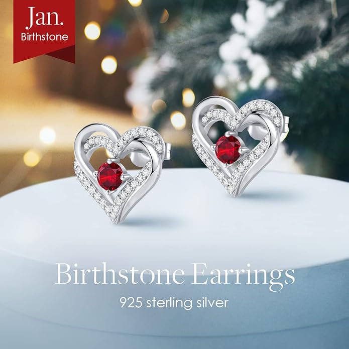 CDE Forever Love Heart Stud Earrings for Women, 925 Sterling Silver Birthstone Heart Stud Earrings Christmas Day Mother's Day Gift Anniversary Birthday Jewelry Gifts for Women Wife Her