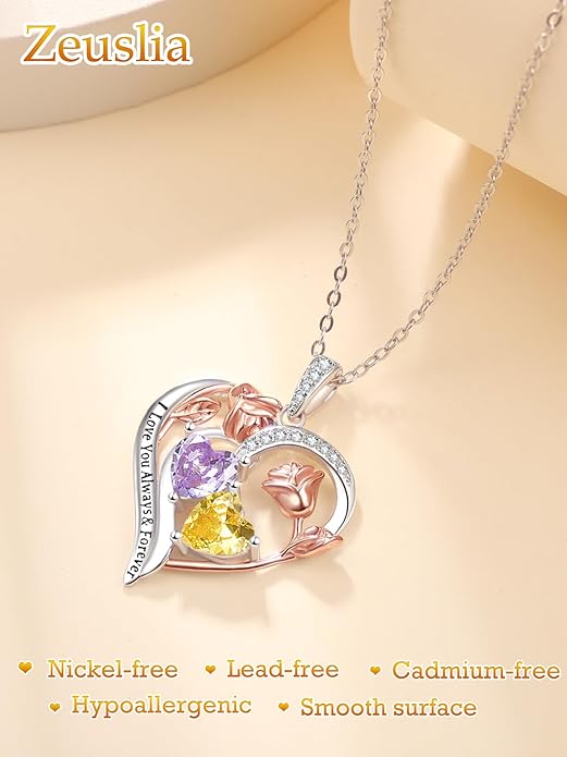 Valentine's Day Gifts for Wife 925 Sterling Silver Double Birthstone Pendant Necklaces I Love You for Always and Forever Necklace Anniversary Birthday Gifts for Wife Girlfriend Mom Her