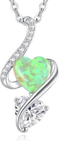 LOUISA SECRET 925 Sterling Silver Opal Birthstone Necklace, Unique Tiny Double Heart Pendant Jewelry, Engraved with "S925 I Love You" Best Birthday Gift for Women Wife Girlfriend Mom Her, Christmas Day Valentine's Day Anniversary Mother's Day