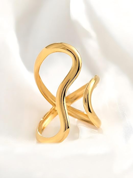 Chunky Rings For Women, Gold Silver Thumb Ring Asymmetrical Wavy Curve Ring Adjustable Non Tarnish Dainty Stainless Steel New Year Anniversary Birthday Jewelry Gift