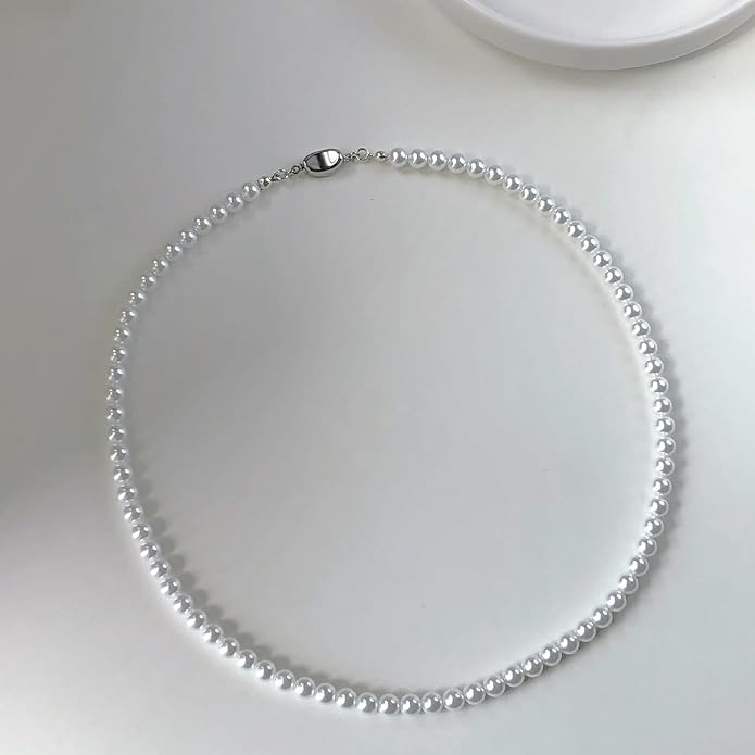 Zeffy Pearl Necklace 4MM/6MM/8MM Dainty Round Imitation Pearl Choker Necklace Wedding Pearl Necklace Delicate Jewelry for Women Simple Bridesmaid Jewelry Gifts