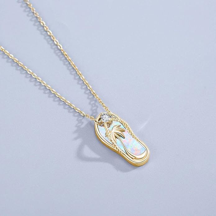 Midir&Etain Ocean Necklace 925 Sterling Silver Blue Opal Necklace Starfish/Flip Flop/Shark Pendant Beach Ocean Jewelry for Women