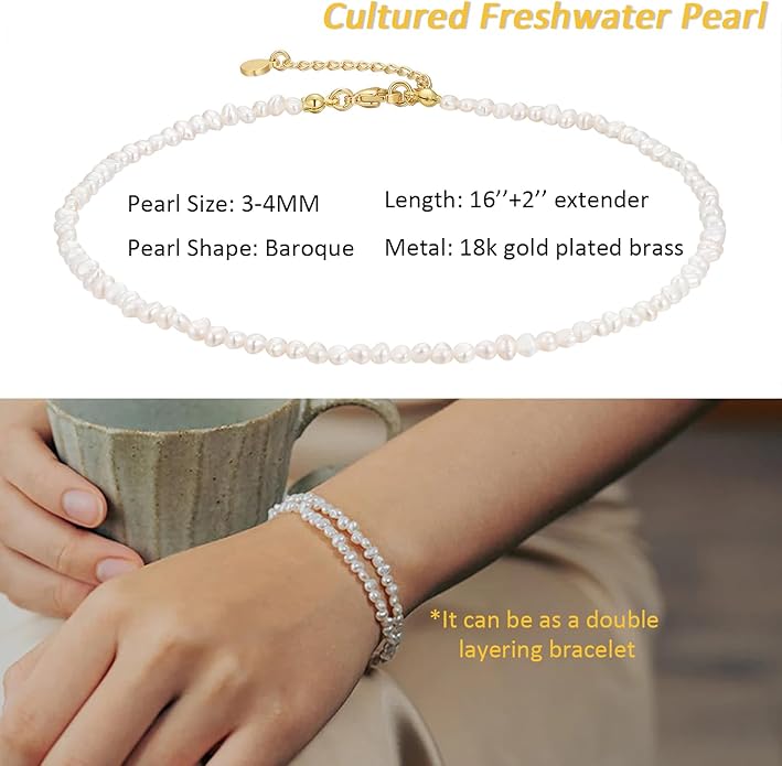 Natural Freshwater Baroque Pearl Necklace 14K Gold Plated Dainty Choker Necklace for Women Girls Snake Chain/Cuban Link/Paperclip/Ball Beaded Chain/Tennis Chain Fashion Jewelry for Gift