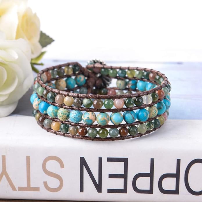YGLINE Boho Handmade Natural Stone Bead 3 Row Wide Wrap Wrist Statment Bracelet Jewelry Collection