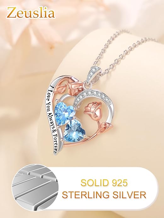 Valentine's Day Gifts for Wife 925 Sterling Silver Double Birthstone Pendant Necklaces I Love You for Always and Forever Necklace Anniversary Birthday Gifts for Wife Girlfriend Mom Her