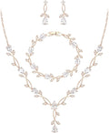EVER FAITH Bridal Cubic Zirconia Jewelry Sets for Women, White Simulated Pearl Leaf Vine Pendant Wedding Party Necklace Earrings Set for Bridesmaid Bride