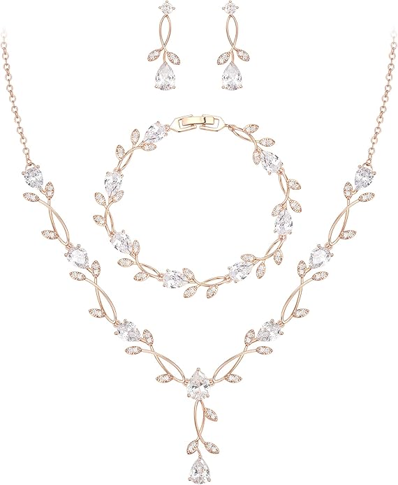 EVER FAITH Bridal Cubic Zirconia Jewelry Sets for Women, White Simulated Pearl Leaf Vine Pendant Wedding Party Necklace Earrings Set for Bridesmaid Bride