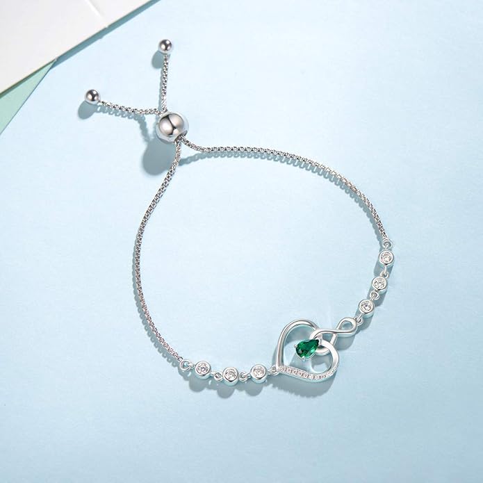 AGVANA Valentines Day Gifts Heart Birthstone Bracelets for Women Sterling Silver Genuine or Created Gemstone Tennis Bracelet Infinity Love Jewelry Anniversary Birthday Gifts for Wife Mom Women