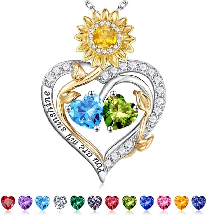 Iefil Valentines Day Gifts for Her - 925 Sterling Silver Sunflower Double Birthstone Necklace for Women, Anniversary Birthday Gifts for Wife, You Are My Sunshine Necklaces, Jewelry for Wife Mom