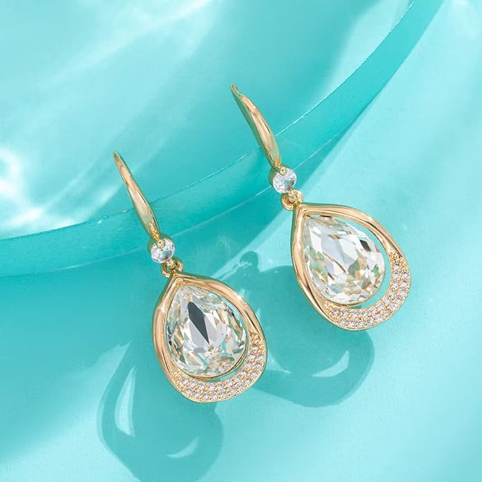 Austrian Crystal Halo Teardrop Hollow Drop Dangle Earrings for Women 14K Rose Gold Plated Hypoallergenic Jewelry Gifts