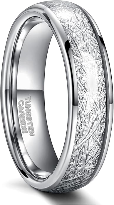 Greenpod 4mm 6mm Tungsten Rings for Men Women Silver Dome Polished Meteorite Inlay Ring Wedding Bands for Him Size 4-13