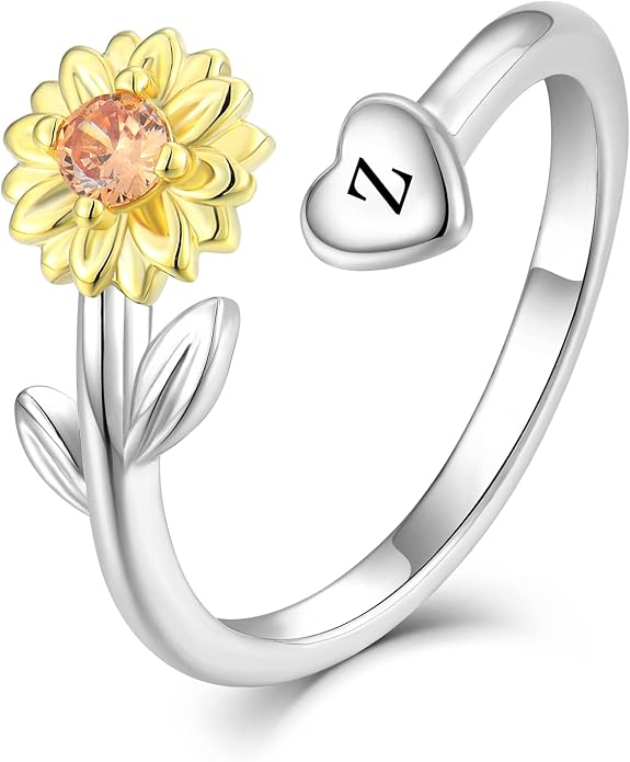 STARCHENIE Sunflower Initial Ring for Women 925 Sterling Silver Letters A-Z 26 Alphabet Adjustable Ring Size 7