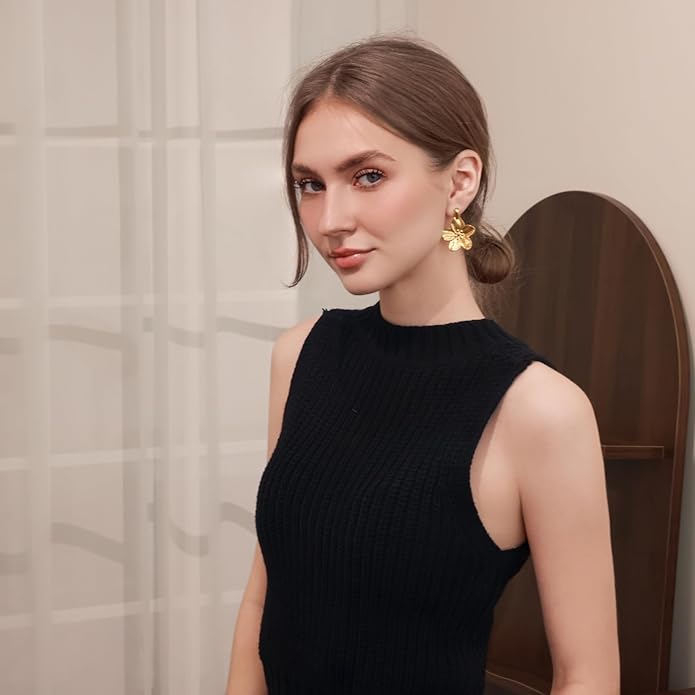 Gold Flower Statement Earrings for Women, Large Chunky Bohomian Summer Beach Floral Earring, Irregular Bold Exaggerated Earrings