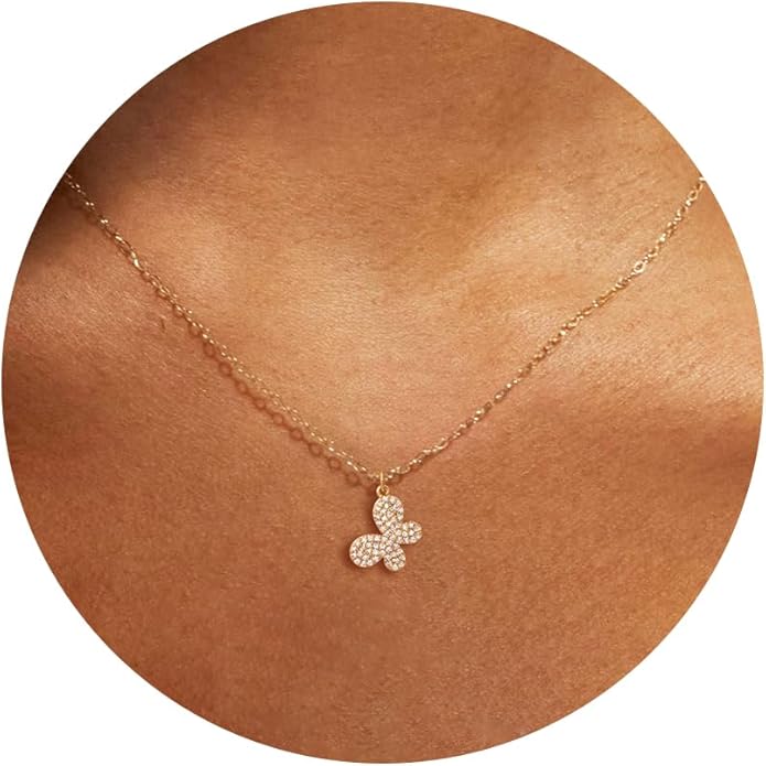 14K Gold Plated Dainty Pendant Butterfly Bead Boot Bee Baseball Flower Compass Airplane Heart Hummingbird Tree Necklace Simple Jewelry Gift for Women