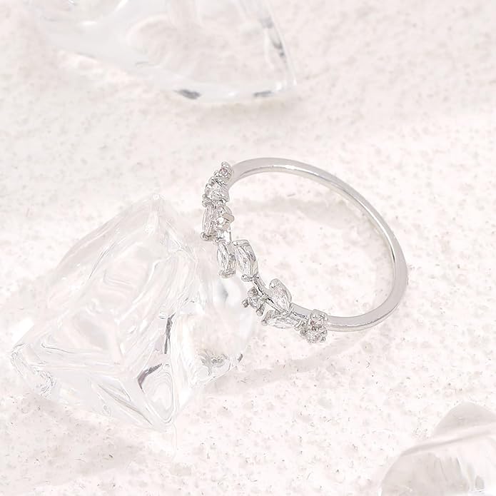 Gold Rings Non Tarnish Silver Adjustable Rings for Women Cubic Zirconia Leaf Ring Dainty Silver Stackable Ring for Women