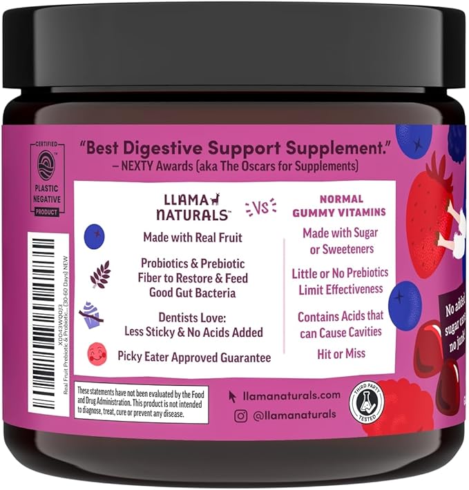 Llama Naturals Kids Probiotic with Prebiotic Fiber, Vegan, Organic Prebiotics and Probiotics Gummies for Gut Health Support, Toddler Real Fruit Gummy Vitamins, No Added Sugar Cane, Mixed Berry, 120 Ct