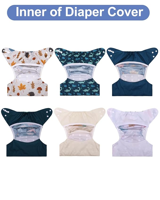 babygoal Cloth Diaper Covers 6 Pack with Wet Bag for Fitted Diapers and Prefolds with Double Gussets, Adjustable and Reusable for Baby Boys 6DCF14-B