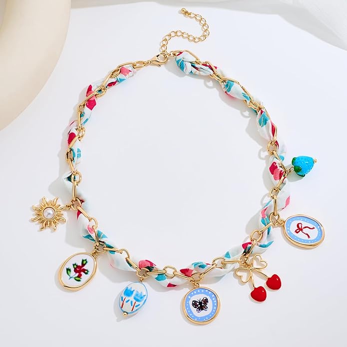 LILIE&WHITE Gold Charms Necklace for Women Bandana Necklace with Colorful Charms Necklaces Beach Jewelry Gift