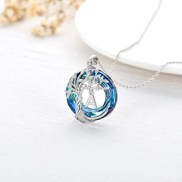 TOUPOP Gifts for Women Tree of Life Necklace 925 Sterling Silver Initial Pendant Family Tree Crystal Jewelry Valentine's Day Birthday Gifts for Her Mom Wife Girlfriend Daughter