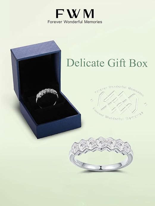 FWM D Color VVS1 Clarity Moissanite Hexagonal Eternity Rings for Women, Solid 925 Sterling Silver, Size 4-11, Stackable Wedding Band, Anniversary Mothers Day Valentines Jewelry