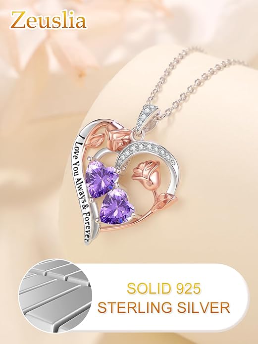 Valentine's Day Gifts for Wife 925 Sterling Silver Double Birthstone Pendant Necklaces I Love You for Always and Forever Necklace Anniversary Birthday Gifts for Wife Girlfriend Mom Her