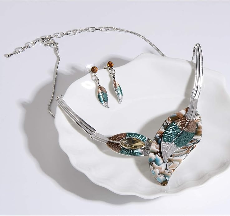 AMYJANE Vintage Statement Jewelry Set - Spring Leaf Flower Floral Plant Necklace Earring Set Crystal Rhinestone Fashion Costume Jewelry for Women Prom Party Unique Gift