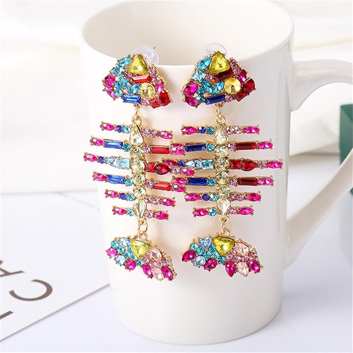 Gold Colorful Acrylic Rhinestone Fishbone Earrings Exaggerated Fish Animal Long Pendant Earrings Metal Studs Jewelry for Women Gift