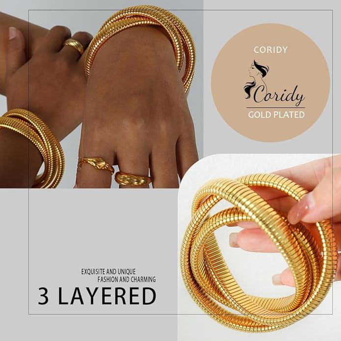 Gold Bangles for Women Chunky Bracelets Gold Plated Wide Ribbed Design Bangle Jewelry