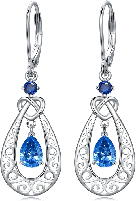 Teardrop Birthstone Dangle Drop Earrings Sterling Silver Infinity Filigree Leverback Earrings, Infinity Love Birthday Anniversary Valentines Day Gifts for Her Women Mom Wife