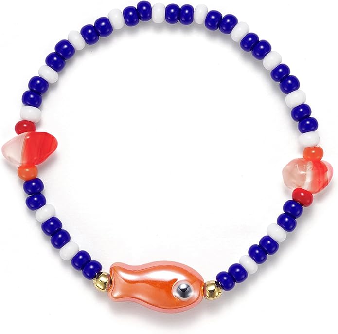 Agromusk Cute Fish Bracelet,14K Gold Blue and White Beaded Bracelet,Natural Stone Summer Beach Bead Bracelet for Women,Handmade Vintage Stretch Bracelet Gifts